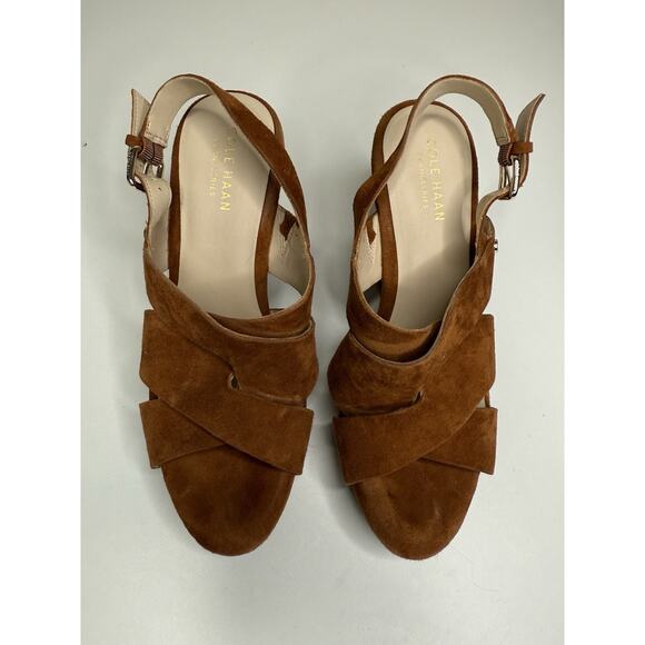 Cole Haan Laci Platform Wedge Sandal Women 7B Cognac Suede Buckle Strap Peep Toe - Picture 5 of 9